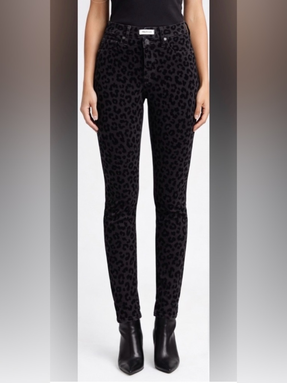 Madewell 9” mid-rise skinny jeans in a chic black-on-black leopard print size 24